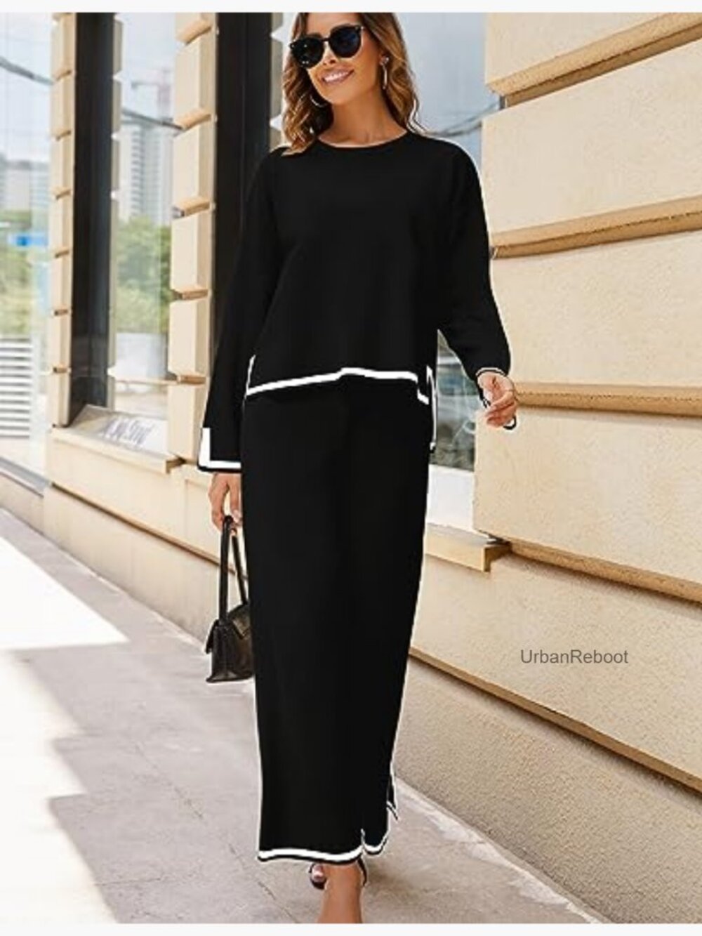 Women's 2 Piece Lounge Set Long Sleeve Knit Top Wide Leg Pants Tracksuit - Picture 3 of 7